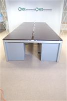 4200 x 1660 Bank of 6 bench desking in rosewood complete with 3 drawer silver under desk pedestal 